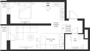 1-к квартира, вторичка, 45м2, 5/25 этаж