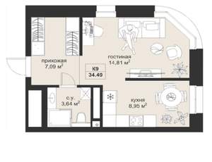 1-к квартира, вторичка, 34м2, 2/5 этаж