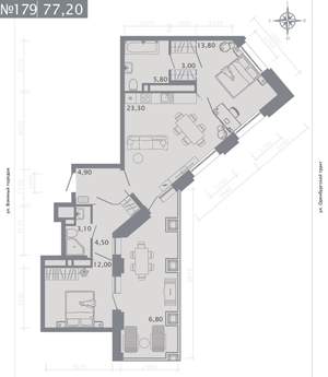 2-к квартира, строящийся дом, 77м2, 22/25 этаж