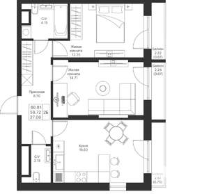 2-к квартира, вторичка, 61м2, 5/25 этаж