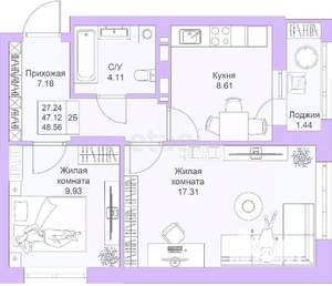 2-к квартира, вторичка, 49м2, 21/26 этаж