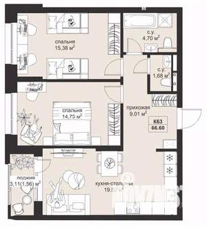 2-к квартира, строящийся дом, 67м2, 2/4 этаж