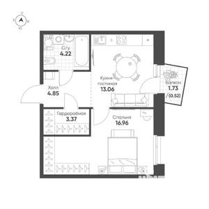 1-к квартира, строящийся дом, 43м2, 5/19 этаж