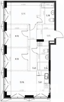 3-к квартира, вторичка, 74м2, 4/15 этаж