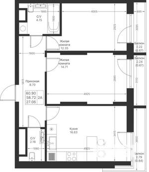 2-к квартира, вторичка, 61м2, 10/25 этаж
