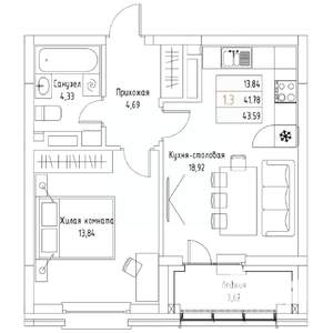 1-к квартира, вторичка, 44м2, 2/9 этаж