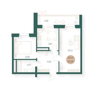 2-к квартира, строящийся дом, 55м2, 12/17 этаж