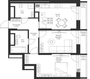 2-к квартира, вторичка, 58м2, 24/25 этаж