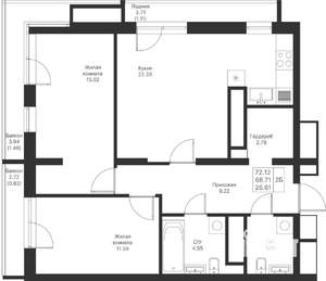 2-к квартира, вторичка, 72м2, 12/25 этаж