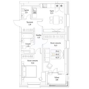 2-к квартира, вторичка, 62м2, 4/9 этаж