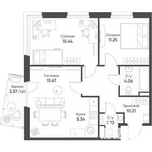 3-к квартира, строящийся дом, 65м2, 15/17 этаж