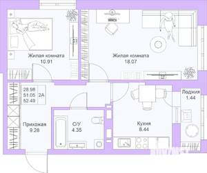 2-к квартира, вторичка, 53м2, 9/25 этаж
