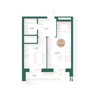 1-к квартира, вторичка, 42м2, 16/24 этаж