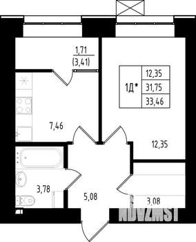 1-к квартира, строящийся дом, 33м2, 5/15 этаж