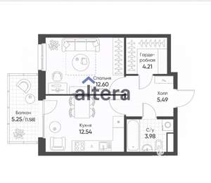 1-к квартира, вторичка, 44м2, 6/9 этаж