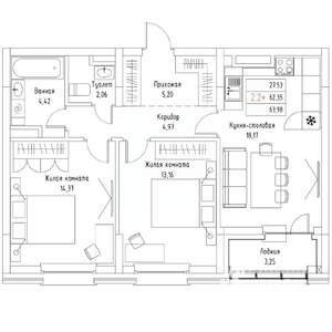2-к квартира, вторичка, 64м2, 7/9 этаж