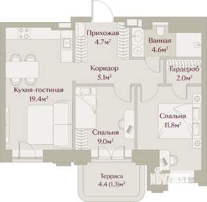 2-к квартира, вторичка, 58м2, 3/8 этаж