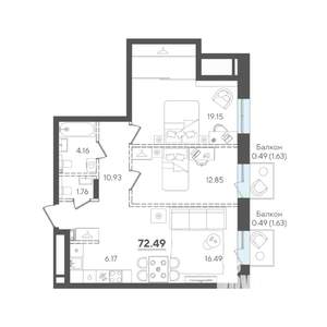 2-к квартира, строящийся дом, 72м2, 4/4 этаж