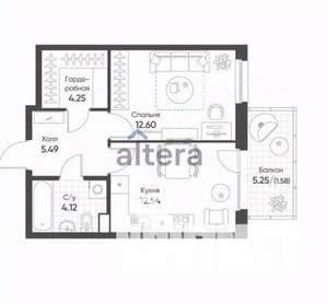 1-к квартира, сданный дом, 44м2, 5/9 этаж