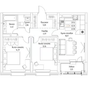 2-к квартира, вторичка, 64м2, 8/9 этаж