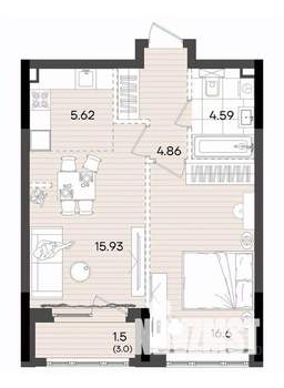 2-к квартира, вторичка, 49м2, 16/23 этаж
