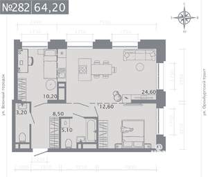 2-к квартира, строящийся дом, 64м2, 12/25 этаж