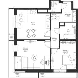 2-к квартира, вторичка, 68м2, 16/24 этаж