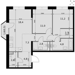 2-к квартира, вторичка, 66м2, 13/20 этаж