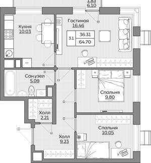 3-к квартира, вторичка, 65м2, 14/24 этаж