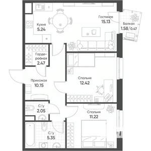 3-к квартира, строящийся дом, 65м2, 15/17 этаж