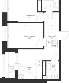 2-к квартира, вторичка, 52м2, 13/23 этаж