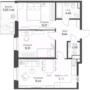 3-к квартира, строящийся дом, 62м2, 3/8 этаж