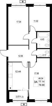 3-к квартира, строящийся дом, 79м2, 2/15 этаж