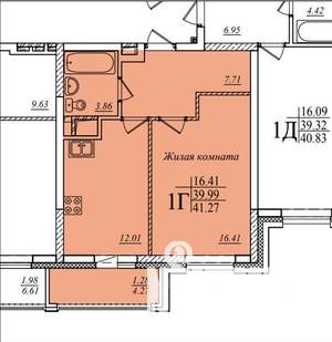 1-к квартира, сданный дом, 41м2, 6/19 этаж