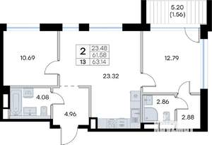 2-к квартира, вторичка, 63м2, 3/8 этаж