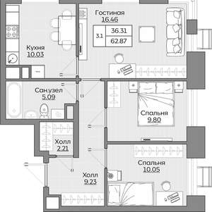 3-к квартира, вторичка, 63м2, 16/24 этаж