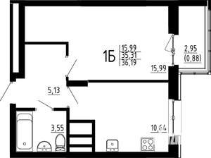 1-к квартира, строящийся дом, 36м2, 7/23 этаж