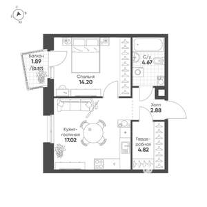 1-к квартира, строящийся дом, 44м2, 5/19 этаж