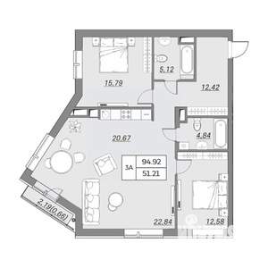 3-к квартира, вторичка, 95м2, 8/9 этаж