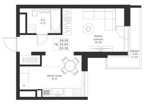 1-к квартира, вторичка, 34м2, 21/24 этаж