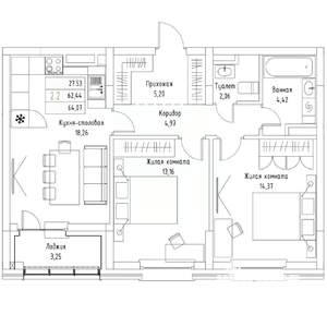 2-к квартира, вторичка, 64м2, 4/9 этаж