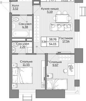 3-к квартира, вторичка, 54м2, 13/24 этаж