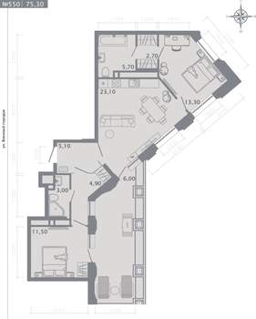 2-к квартира, строящийся дом, 75м2, 22/25 этаж