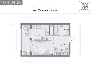 Студия квартира, строящийся дом, 34м2, 5/8 этаж