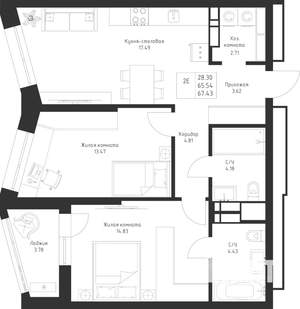2-к квартира, вторичка, 67м2, 9/23 этаж