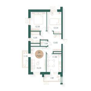 3-к квартира, строящийся дом, 75м2, 8/17 этаж