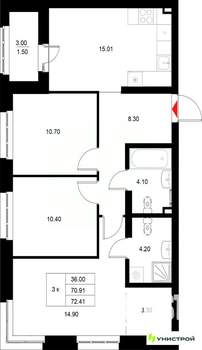 3-к квартира, вторичка, 72м2, 7/22 этаж