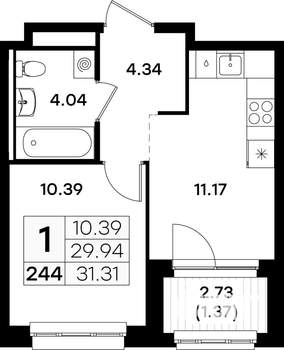 1-к квартира, строящийся дом, 31м2, 2/11 этаж