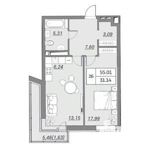 2-к квартира, вторичка, 55м2, 5/9 этаж