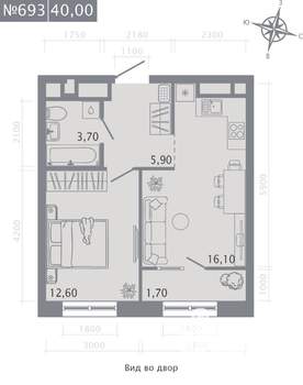 1-к квартира, строящийся дом, 40м2, 5/23 этаж